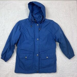 London Fog Mens Jacket Size Medium Blue Hood w/ Removable Liner Button/Zip Front